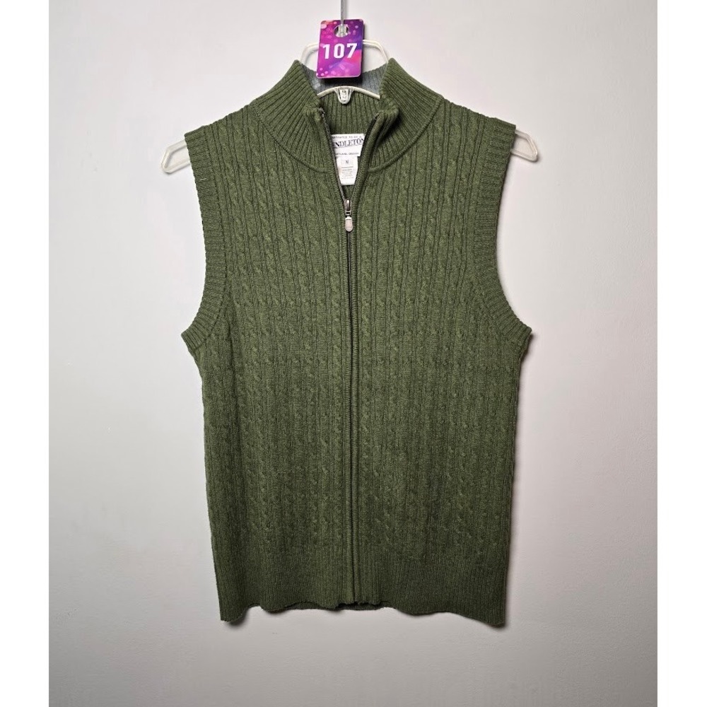 Pendleton Womens Sweater Vest Green Cable Knit Full Zip Mock Neck Size Medium